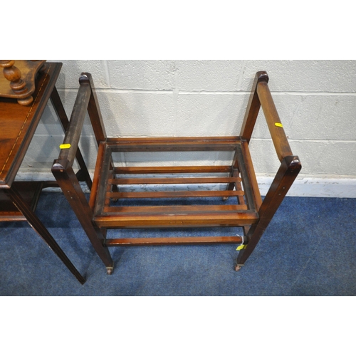 1250 - A SET OF FOUR EARLY 20TH CENTURY OAK CHAIRS, a mahogany side table, a four tier shelving unit and a ... 