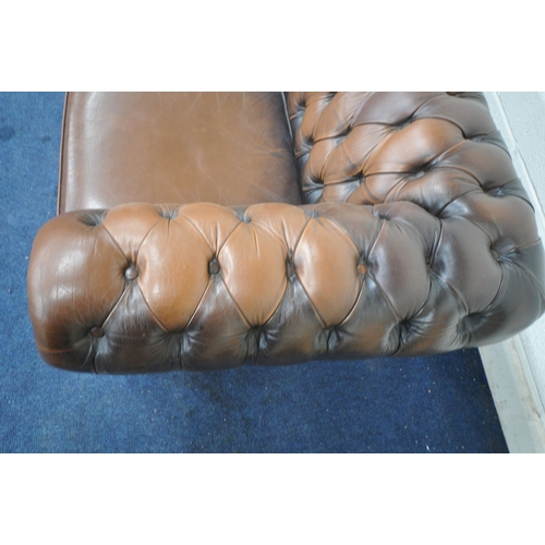 1251 - A BROWN LEATHER UPHOLSTERED TWO SEATER CHESTERFIELD SOFA, length 163cm x depth 84cm x height 70cm (c... 