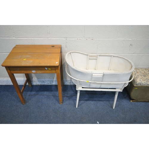 1265 - A MID CENTURY OAK SCHOOL DESK, with a hinged lid, width 62cm x depth 46cm x height 76cm, a white pai... 