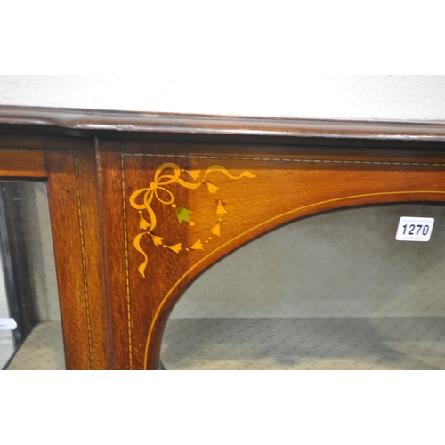 1270 - AN EDWARDIAN MAHOGANY AND MARQUETRY INLAID BREAKFRONT DISPLAY CABINET, the single astragal glazed do... 