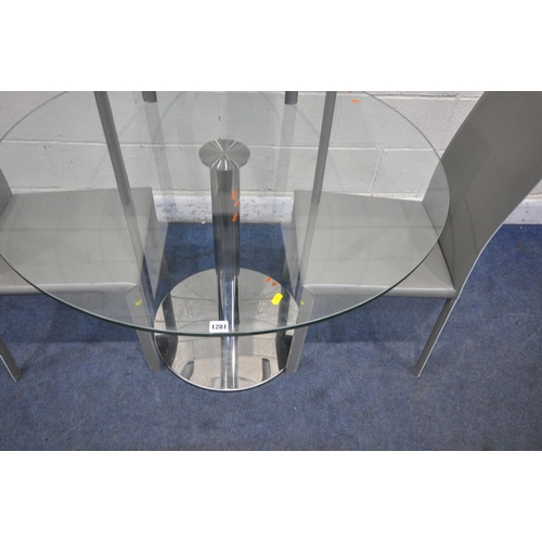 1281 - A CIRCULAR GLASS TABLE, with tubular metal support, diameter 110cm x height 76cm, along with a set o... 