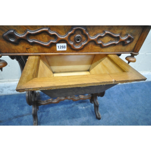 1288 - A 19TH CENTURY WALNUT WORK BOX, the hinged lid enclosing a mirror and a fitted interior, a single dr... 