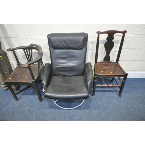 1289 - A BLACK LEATHERETTE SWIVEL ARMCHAIR, two other chairs, two bed posts, a musical sewing box and a bra... 