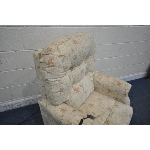 1292 - A HSL BEIGE AND FLORAL UPHOLSTERED RISE AND RECLINE ARMCHAIR, width 83cm x depth 86cm x height 110cm... 