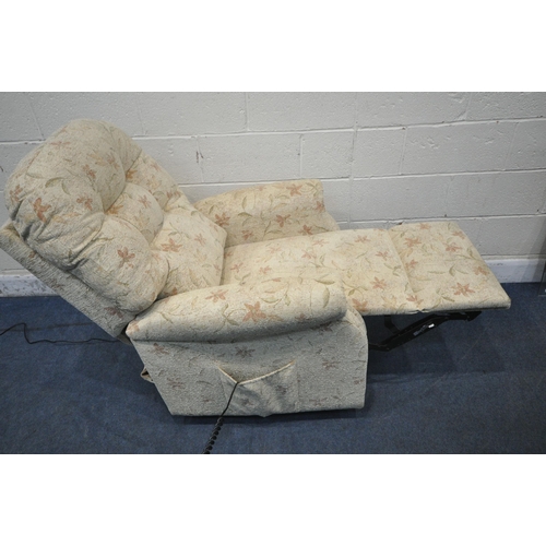 1292 - A HSL BEIGE AND FLORAL UPHOLSTERED RISE AND RECLINE ARMCHAIR, width 83cm x depth 86cm x height 110cm... 