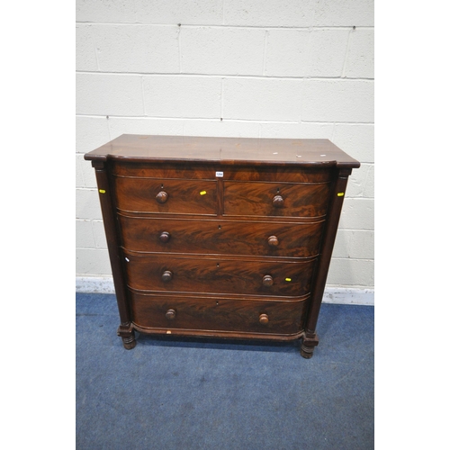 1294 - A VICTORIAN MAHOGANY SCOTTISH CHEST, fitted with two short over three long drawers, with turned pill... 