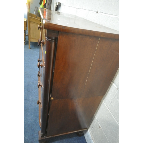 1294 - A VICTORIAN MAHOGANY SCOTTISH CHEST, fitted with two short over three long drawers, with turned pill... 