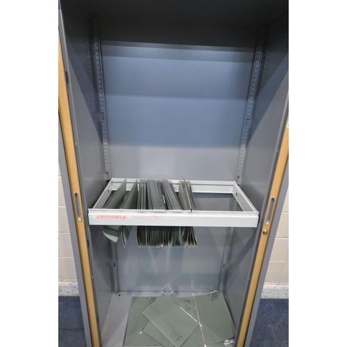 1301 - A MODERN METAL DOUBLE DOOR CABINET, with three shelves and a pull out filing drawer, width 100cm x d... 