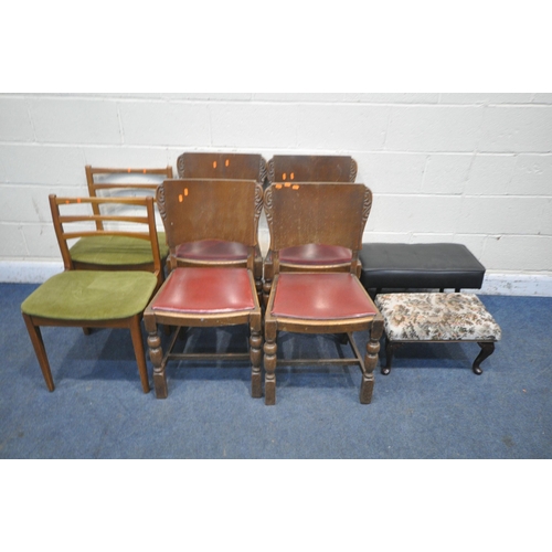 1305 - A SET OF FOUR EARLY 20TH CENTURY OAK CHAIRS, a pair of mid-century teak chairs, along with two stool... 