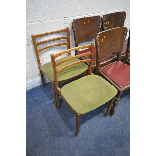 1305 - A SET OF FOUR EARLY 20TH CENTURY OAK CHAIRS, a pair of mid-century teak chairs, along with two stool... 