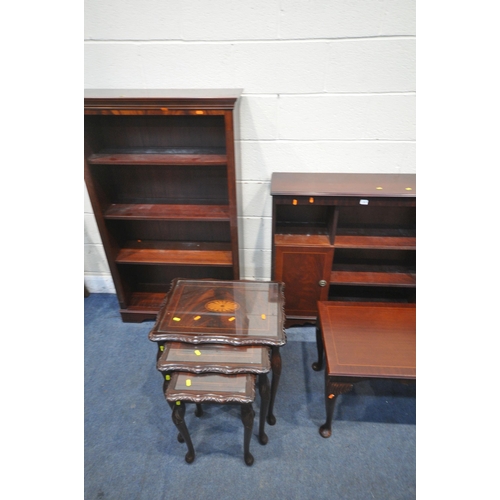 1307 - A SELECTION OF LATE 20TH CENTURY MAHOGANY FURNITURE, to include three open bookcases, tallest width ... 