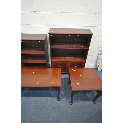 1307 - A SELECTION OF LATE 20TH CENTURY MAHOGANY FURNITURE, to include three open bookcases, tallest width ... 