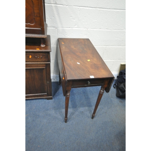 1315 - A 19TH CENTURY MAHOGANY TABLE, a cabinet with a single drawer and cupboard door, a stool with a fall... 