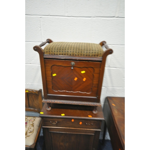 1315 - A 19TH CENTURY MAHOGANY TABLE, a cabinet with a single drawer and cupboard door, a stool with a fall... 