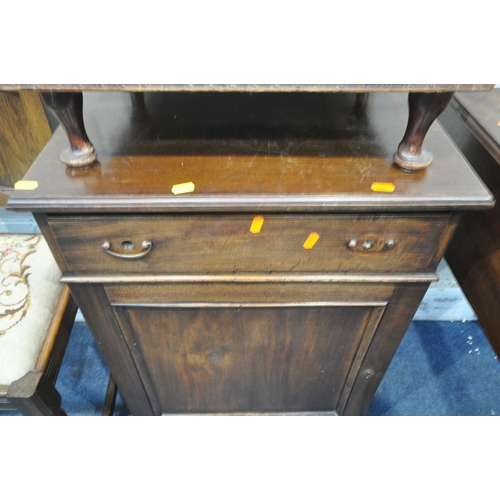 1315 - A 19TH CENTURY MAHOGANY TABLE, a cabinet with a single drawer and cupboard door, a stool with a fall... 