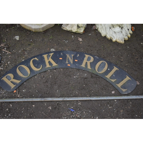 1009 - AN ARCHED METAL SIGN, READING ROCK 'N' ROLL, width 127cm, and another metal sign reading ELVIS 1935-... 