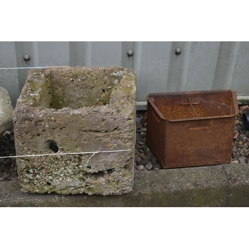 1021 - A PAIR OF COMPOSITE OCTAGONAL BRICK EFFECT PLANTERS, along with a square planter and a water trough ... 