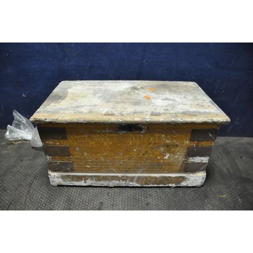 1052 - A DISTRESSED VICTORIAN GRAIN PAINTED PINE TOOLBOX CONTAINING TOOLS including a vintage Draper Torque... 