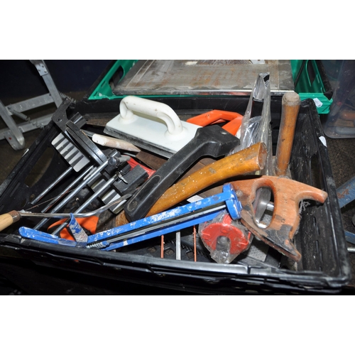 1069 - THREE TRAYS CONTAINING TOOLS including an untested Wickes tile cutter, three axle stands, a Record N... 