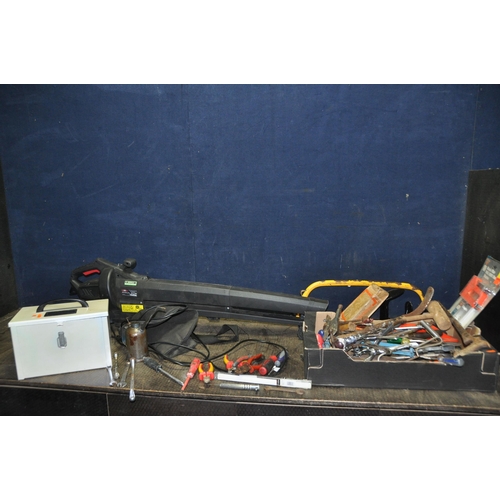 1074 - A TRAY AND A BOX CONTAINING TOOLS including a Snap On BGA173B pick, a Racing garden blower vac (PAT ... 