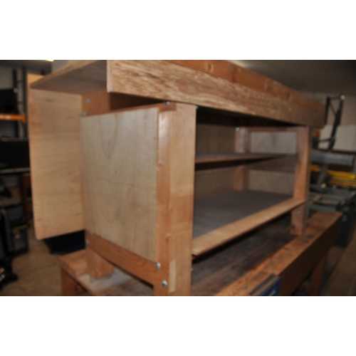 1101 - A PINE WORKBENCH WITH PLYWOOD TOP AND PANELS width 168cm depth 54cm height 85cm