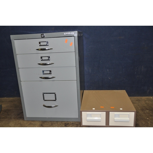 1109 - A VINTAGE FOUR DRAWER FILING CABINET WITHOUT KEY, a metal under desk cabinet with three shallow draw... 