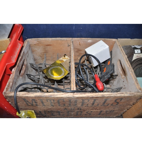 1115 - FOUR BOXES CONTAINING TOOLS AND COLLECTABLES including two vintage oil cans, two paraffin blowlamps,... 