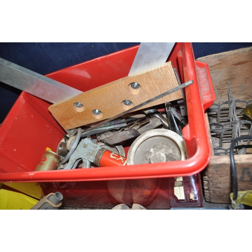 1115 - FOUR BOXES CONTAINING TOOLS AND COLLECTABLES including two vintage oil cans, two paraffin blowlamps,... 