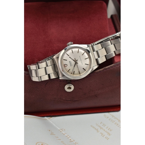 124 - A BOXED TUDOR NON-DATE WRISTWATCH, silvered dial with baton markers, signed Tudor Oyster, shock resi... 