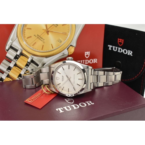 124 - A BOXED TUDOR NON-DATE WRISTWATCH, silvered dial with baton markers, signed Tudor Oyster, shock resi... 