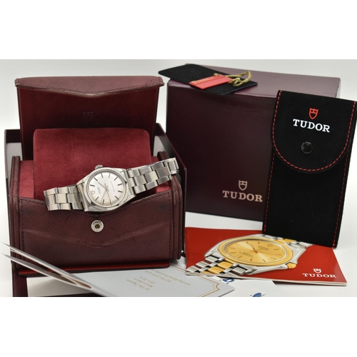 124 - A BOXED TUDOR NON-DATE WRISTWATCH, silvered dial with baton markers, signed Tudor Oyster, shock resi... 