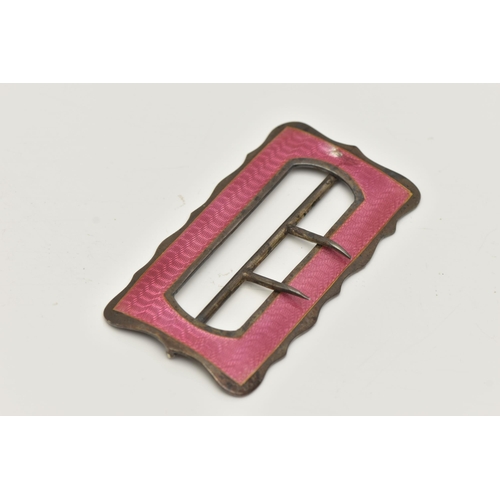 130 - A 'DEAKIN & FRANCIS' SILVER BUCKLE, rectangular form buckle with scalloped edge detail, pink guilloc... 