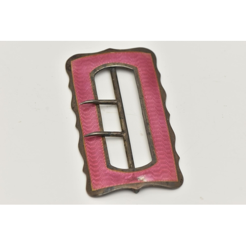 130 - A 'DEAKIN & FRANCIS' SILVER BUCKLE, rectangular form buckle with scalloped edge detail, pink guilloc... 