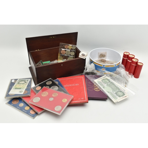 132 - A CARDBOARD BOX  CONTAINING COINS AND COMMEMORATIVES, AND BANKNOTES TO INCLUDE Consecutive Beale £1 ... 