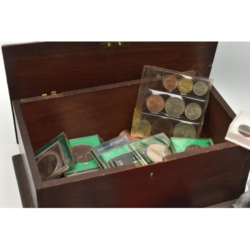 132 - A CARDBOARD BOX  CONTAINING COINS AND COMMEMORATIVES, AND BANKNOTES TO INCLUDE Consecutive Beale £1 ... 