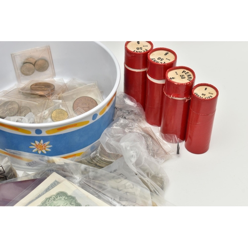 132 - A CARDBOARD BOX  CONTAINING COINS AND COMMEMORATIVES, AND BANKNOTES TO INCLUDE Consecutive Beale £1 ... 