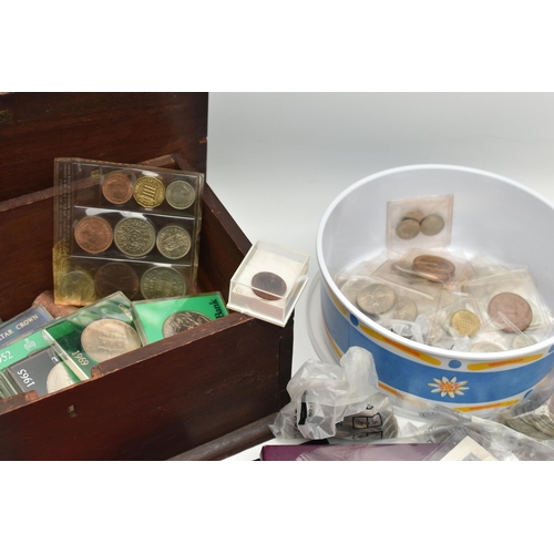 132 - A CARDBOARD BOX  CONTAINING COINS AND COMMEMORATIVES, AND BANKNOTES TO INCLUDE Consecutive Beale £1 ... 