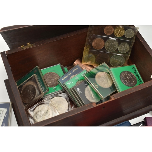 132 - A CARDBOARD BOX  CONTAINING COINS AND COMMEMORATIVES, AND BANKNOTES TO INCLUDE Consecutive Beale £1 ... 