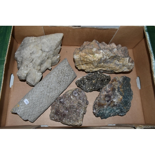 134 - A BOX OF LARGE MINERAL SPECIMENS, to include crystal specimens quartz, amethyst, a large fossilized ... 