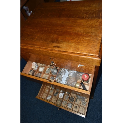 135 - A LARGE SIX DRAWER OAK CABINET WITH MINERAL SPECIMENS, approximate dimensions height 1065mm x depth ... 