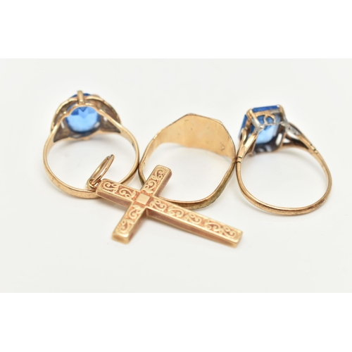 10 - THREE RINGS AND A CROSS PENDANT, to include an AF 9ct gold signet ring, misshapen band, hallmarked 9... 