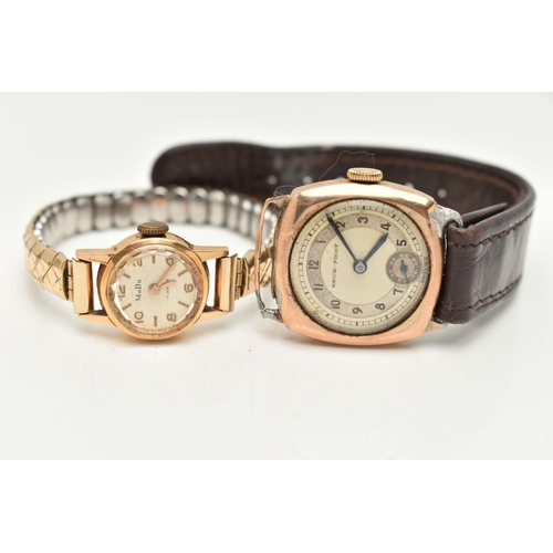 11 - TWO WRISTWATCHES, the first a gents 9ct gold manual wind watch, round two tone dial signed 'Shock-Pr... 