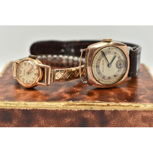 11 - TWO WRISTWATCHES, the first a gents 9ct gold manual wind watch, round two tone dial signed 'Shock-Pr... 