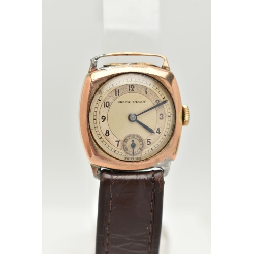 11 - TWO WRISTWATCHES, the first a gents 9ct gold manual wind watch, round two tone dial signed 'Shock-Pr... 