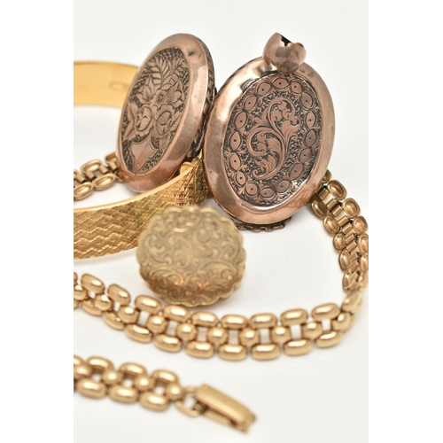 12 - FIVE ITEMS OF GOLD PLATED JEWELLERY, to include a rolled gold brick link chain, fitted with a foldin... 