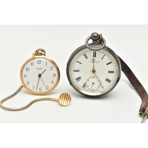 14 - TWO OPEN FACE POCKET WATCHES, the first a silver key wound, open face pocket watch, round white dial... 