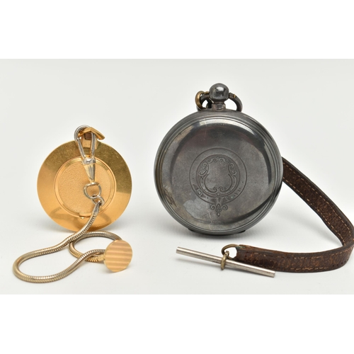 14 - TWO OPEN FACE POCKET WATCHES, the first a silver key wound, open face pocket watch, round white dial... 