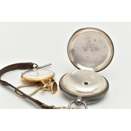 14 - TWO OPEN FACE POCKET WATCHES, the first a silver key wound, open face pocket watch, round white dial... 