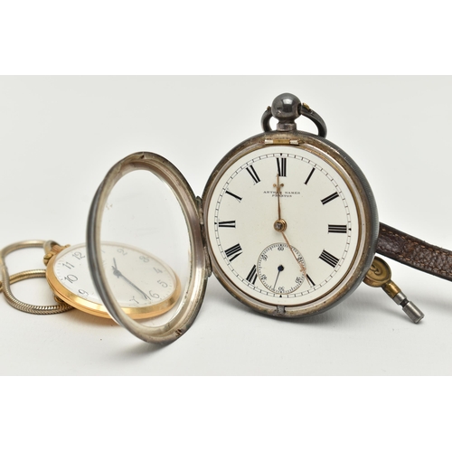 14 - TWO OPEN FACE POCKET WATCHES, the first a silver key wound, open face pocket watch, round white dial... 