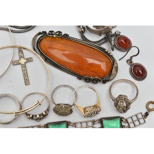 16 - A COLLECTION OF SILVER, WHITE AND YELLOW METAL JEWELLERY, to include a yellow and white metal synthe... 